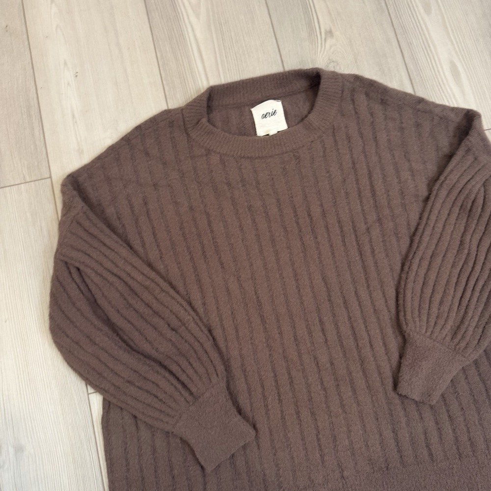 Aerie Buttercream Fuzzy Crewneck Sweater Brown Medium Oversized Pullover - Picture 2 of 10